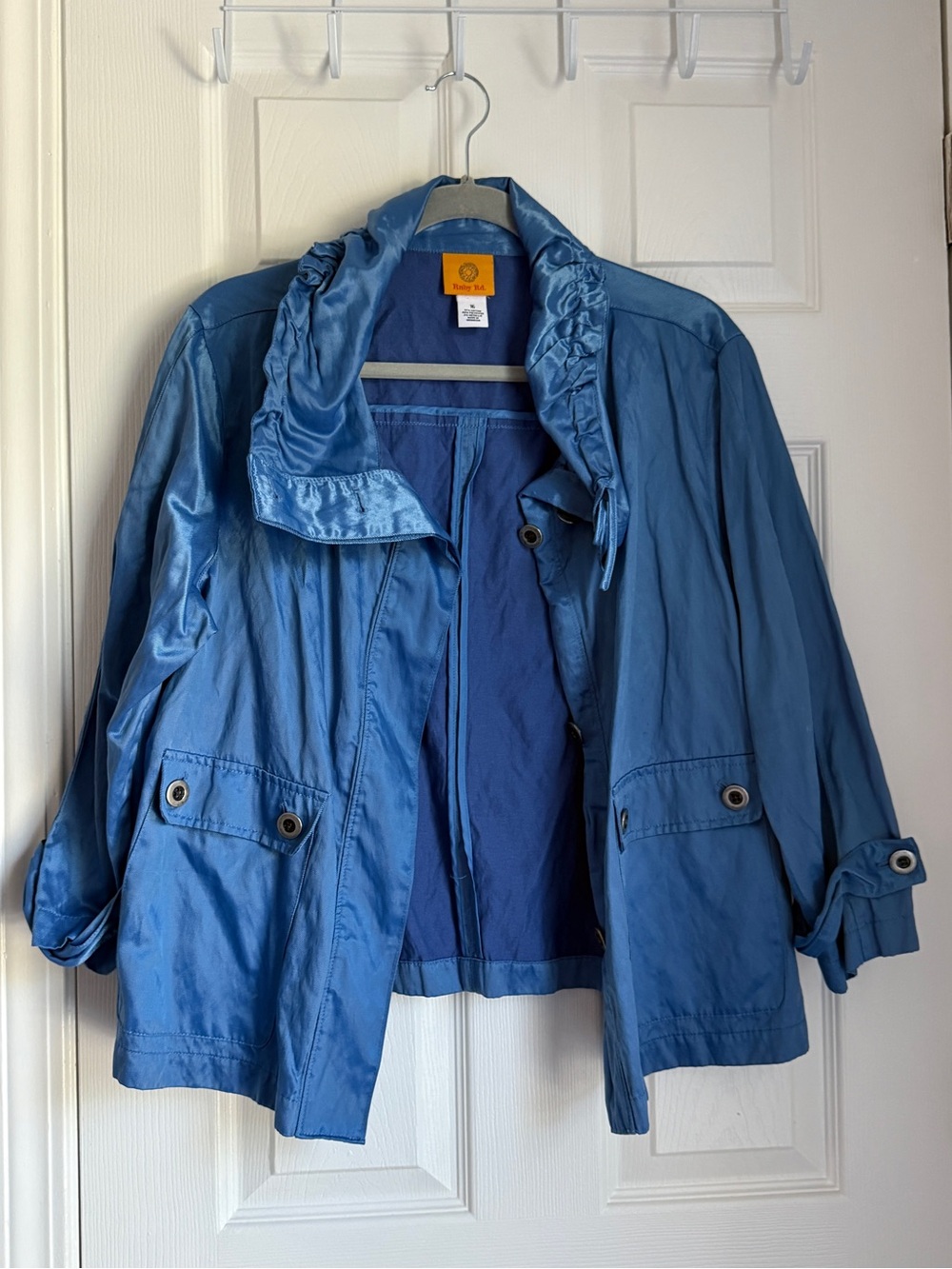 RUBY RD Metallic Blue Rain Jacket | Futuristic Streetwear Utility Coat Size 16